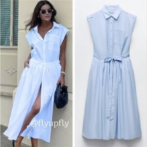 Zara Light Blue Button-Up Midi Dress